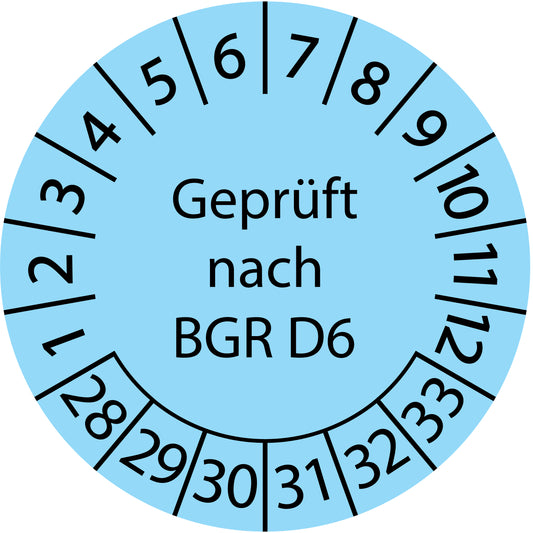 Mehrjahresprüfetiketten, Geprüft nach BGR D6, Startjahr: 2028 aus Papier oder Plastik