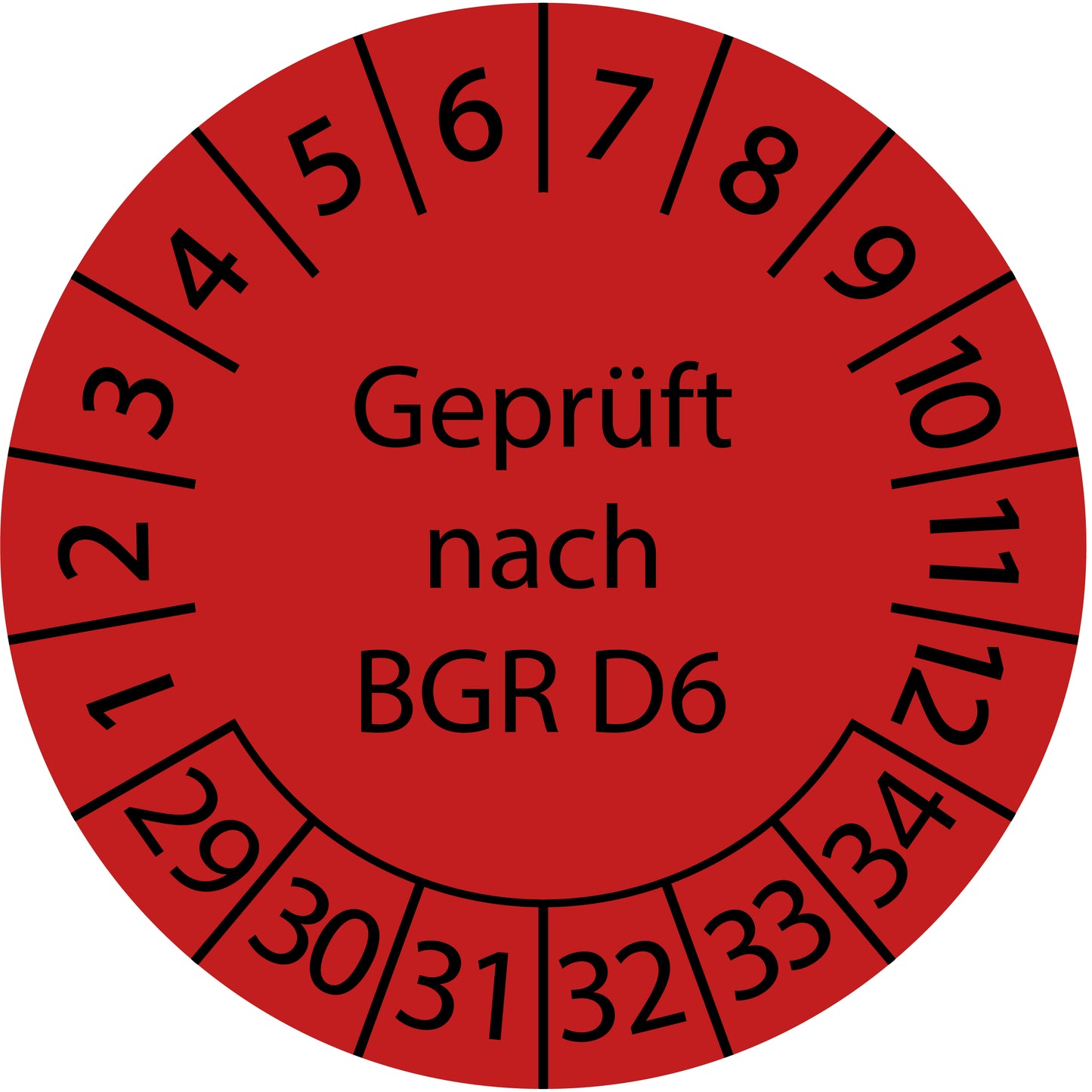 Mehrjahresprüfetiketten, Geprüft nach BGR D6, Startjahr: 2029 aus Papier oder Plastik