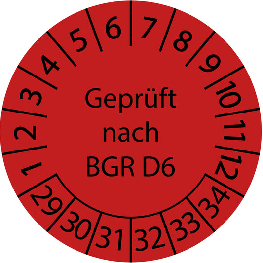 Mehrjahresprüfetiketten, Geprüft nach BGR D6, Startjahr: 2029 aus Papier oder Plastik
