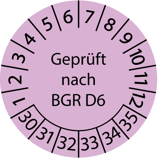 Mehrjahresprüfetiketten, Geprüft nach BGR D6, Startjahr: 2030 aus Papier oder Plastik