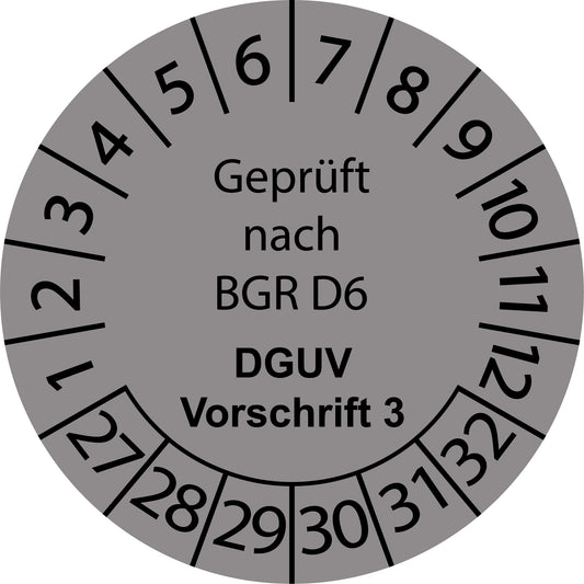 Mehrjahresprüfetiketten, Geprüft nach BGR D6, DGUV Vorschrift 3, Startjahr: 2027 aus Papier oder Plastik