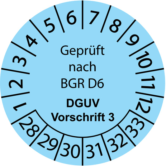 Mehrjahresprüfetiketten, Geprüft nach BGR D6, DGUV Vorschrift 3, Startjahr: 2028 aus Papier oder Plastik