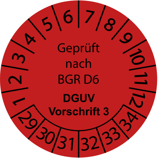Mehrjahresprüfetiketten, Geprüft nach BGR D6, DGUV Vorschrift 3, Startjahr: 2029 aus Papier oder Plastik