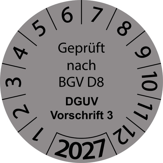Einjahresprüfetiketten, Geprüft nach BGV D8, DGUV Vorschrift 3, Startjahr: 2027 aus Papier oder Plastik