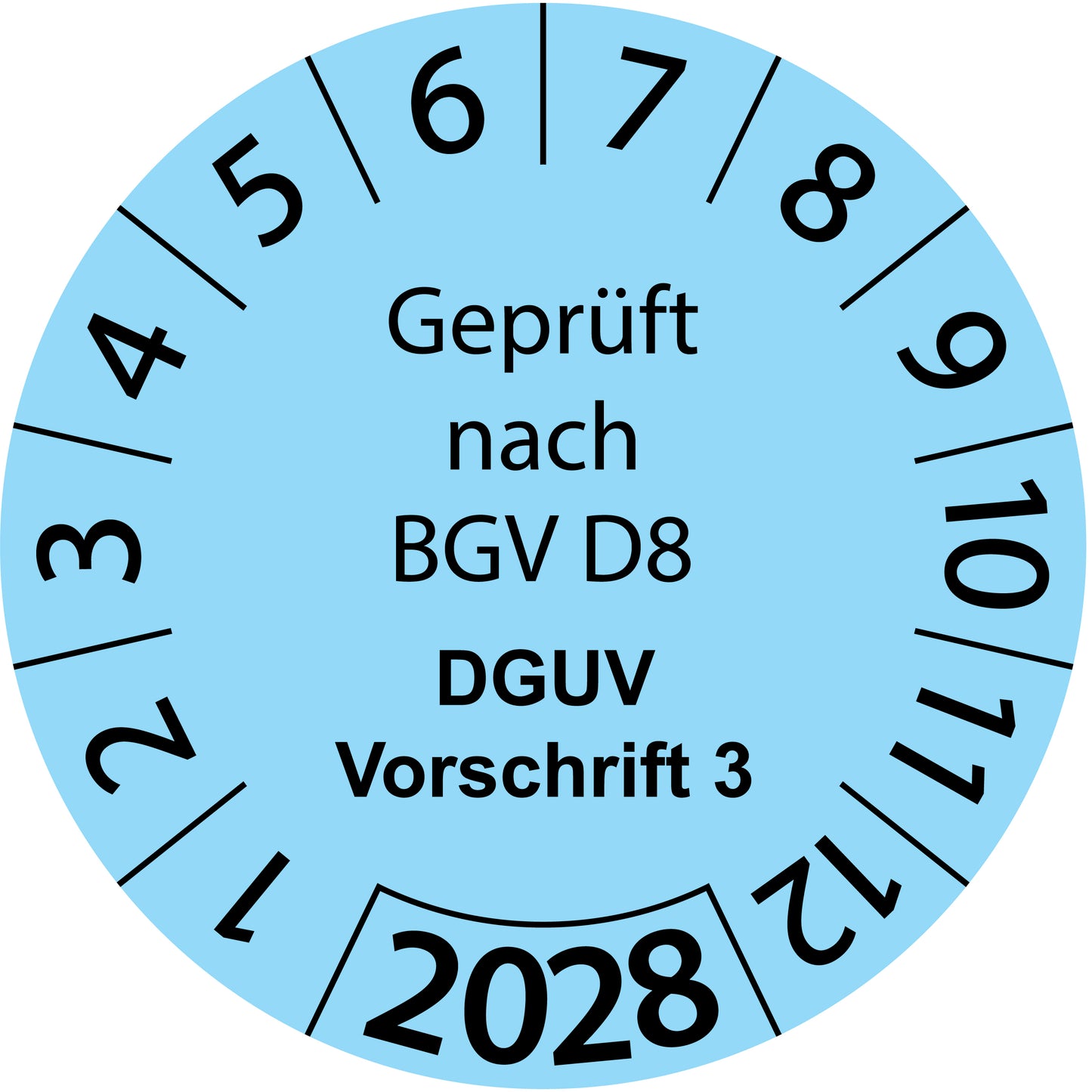 Einjahresprüfetiketten, Geprüft nach BGV D8, DGUV Vorschrift 3, Startjahr: 2028 aus Papier oder Plastik
