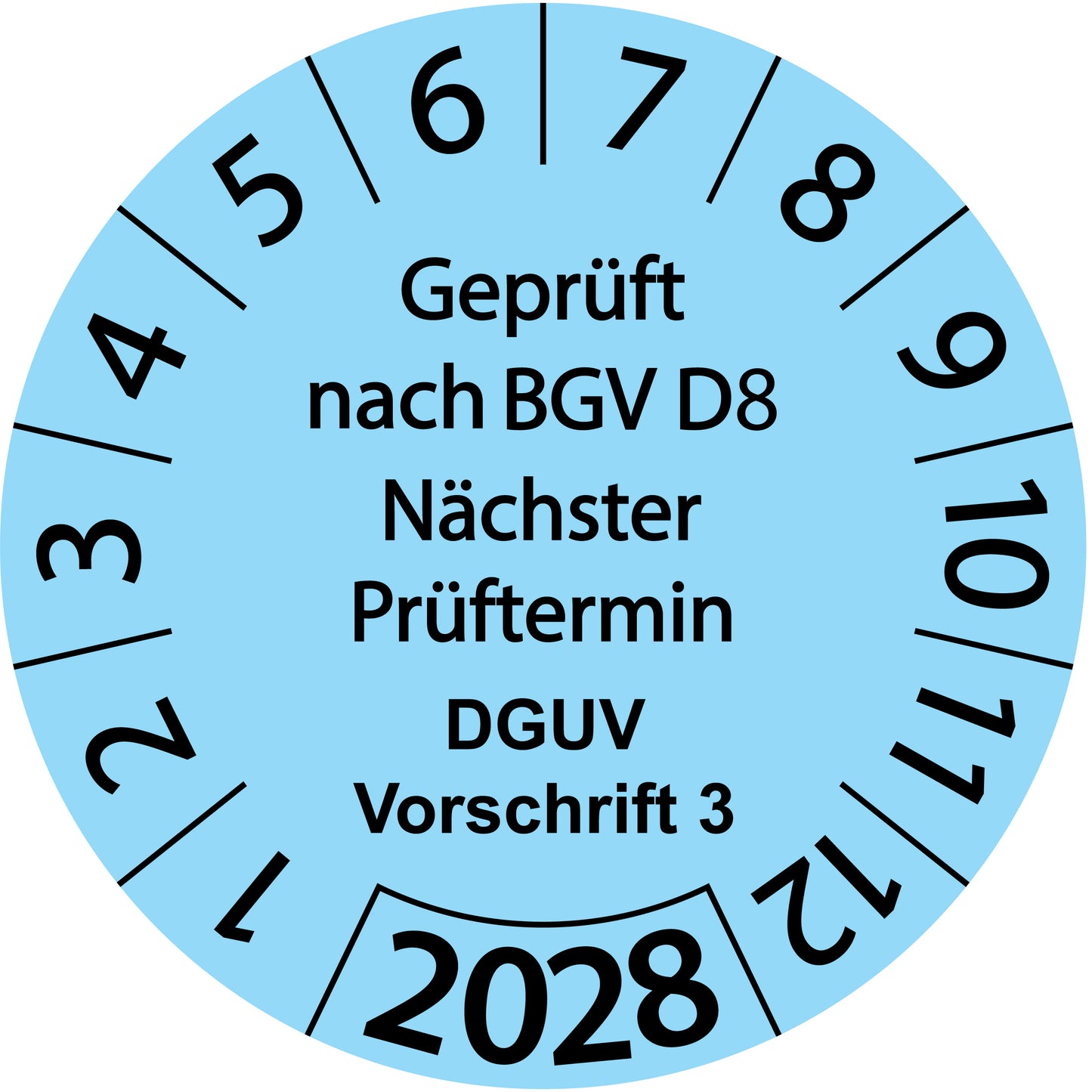 Einjahresprüfetiketten, Geprüft nach BGV D8, Nächster Prüftermin, DGUV Vorschrift 3, Startjahr: 2028 aus Papier oder Plastik