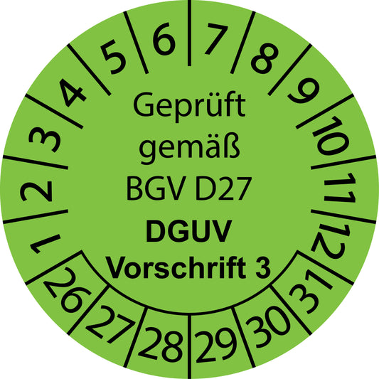 Mehrjahresprüfetiketten, Geprüft gemäß BGV D27, DGUV Vorschrift 3, Startjahr: 2026 aus Papier oder Plastik