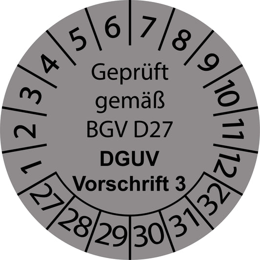 Mehrjahresprüfetiketten, Geprüft gemäß BGV D27, DGUV Vorschrift 3, Startjahr: 2027 aus Papier oder Plastik