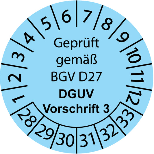 Mehrjahresprüfetiketten, Geprüft gemäß BGV D27, DGUV Vorschrift 3, Startjahr: 2028 aus Papier oder Plastik