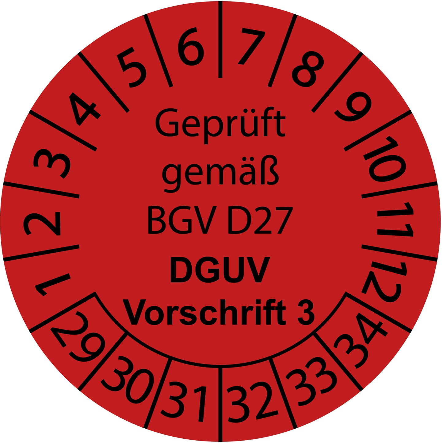 Mehrjahresprüfetiketten, Geprüft gemäß BGV D27, DGUV Vorschrift 3, Startjahr: 2029 aus Papier oder Plastik
