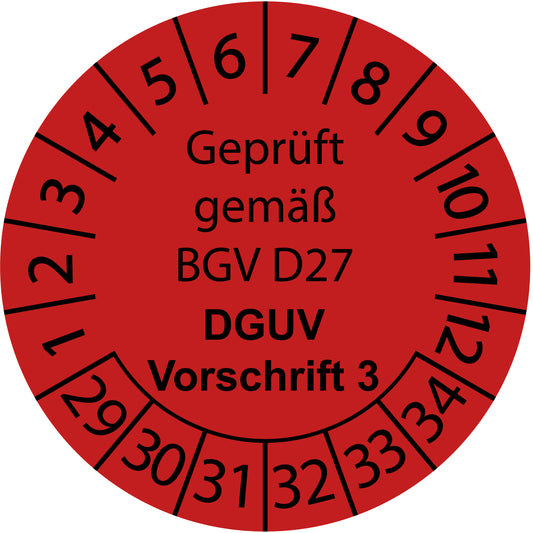 Mehrjahresprüfetiketten, Geprüft gemäß BGV D27, DGUV Vorschrift 3, Startjahr: 2029 aus Papier oder Plastik
