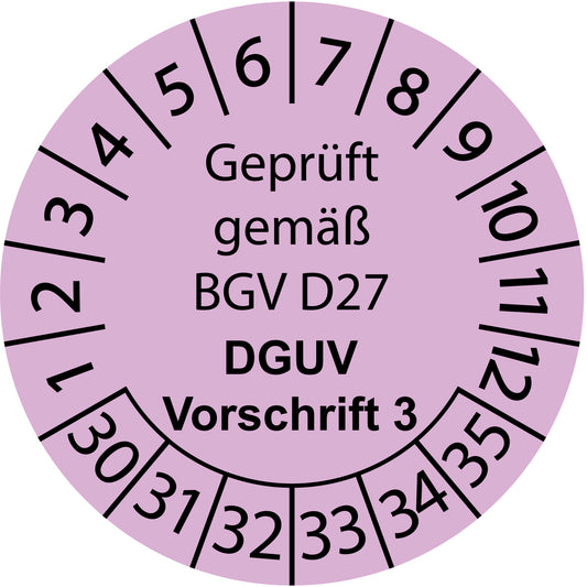 Mehrjahresprüfetiketten, Geprüft gemäß BGV D27, DGUV Vorschrift 3, Startjahr: 2030 aus Papier oder Plastik