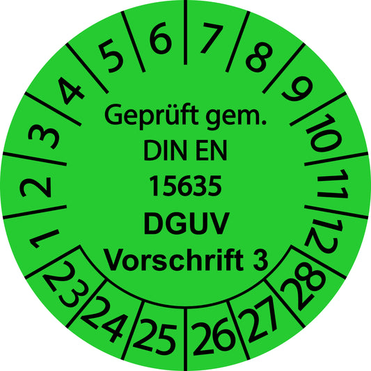 Mehrjahresprüfetiketten, Geprüft gem. DIN EN 15635, DGUV Vorschrift 3, Startjahr: 2023 aus Papier oder Plastik