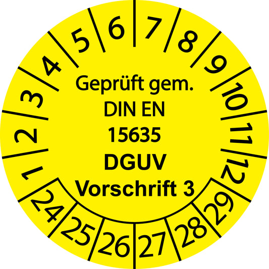 Mehrjahresprüfetiketten, Geprüft gem. DIN EN 15635, DGUV Vorschrift 3, Startjahr: 2024 aus Papier oder Plastik