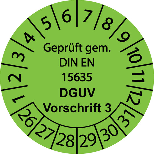 Mehrjahresprüfetiketten, Geprüft gem. DIN EN 15635, DGUV Vorschrift 3, Startjahr: 2026 aus Papier oder Plastik