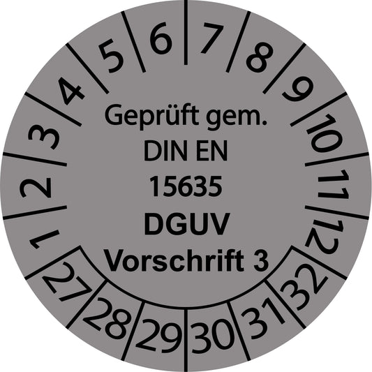 Mehrjahresprüfetiketten, Geprüft gem. DIN EN 15635, DGUV Vorschrift 3, Startjahr: 2027 aus Papier oder Plastik