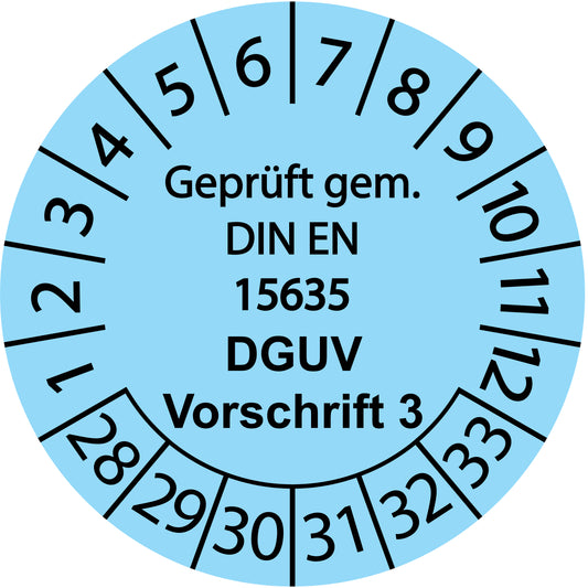 Mehrjahresprüfetiketten, Geprüft gem. DIN EN 15635, DGUV Vorschrift 3, Startjahr: 2028 aus Papier oder Plastik