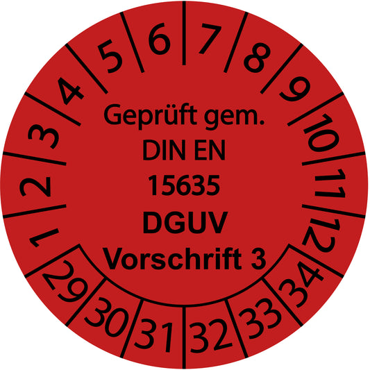 Mehrjahresprüfetiketten, Geprüft gem. DIN EN 15635, DGUV Vorschrift 3, Startjahr: 2029 aus Papier oder Plastik