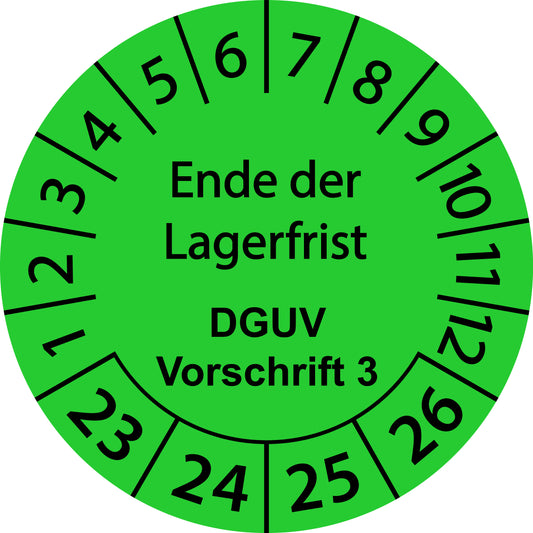 Mehrjahresprüfetiketten, Ende der Lagerfrist, DGUV Vorschrift 3, Startjahr: 2023 aus Papier oder Plastik