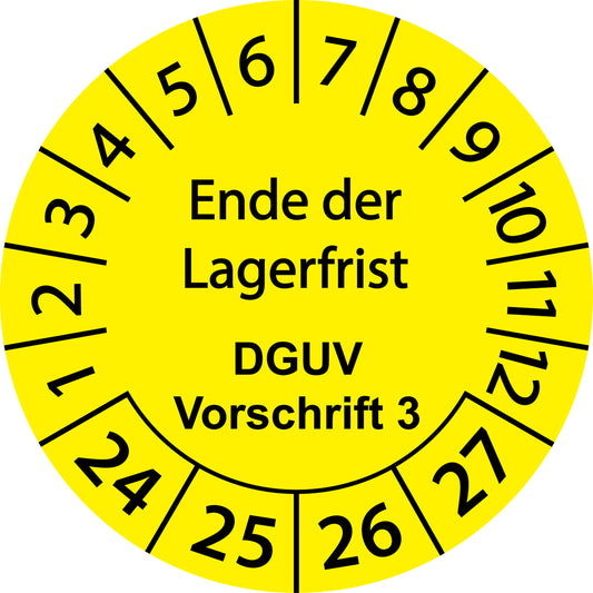 Mehrjahresprüfetiketten, Ende der Lagerfrist, DGUV Vorschrift 3, Startjahr: 2024 aus Papier oder Plastik