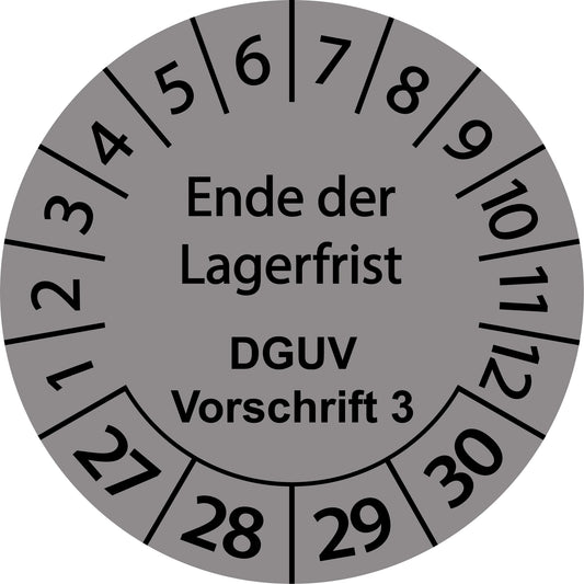 Mehrjahresprüfetiketten, Ende der Lagerfrist, DGUV Vorschrift 3, Startjahr: 2027 aus Papier oder Plastik