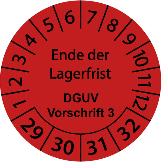 Mehrjahresprüfetiketten, Ende der Lagerfrist, DGUV Vorschrift 3, Startjahr: 2029 aus Papier oder Plastik