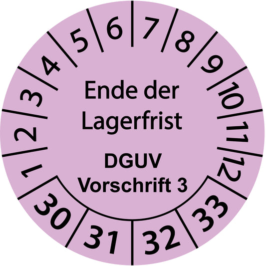 Mehrjahresprüfetiketten, Ende der Lagerfrist, DGUV Vorschrift 3, Startjahr: 2030 aus Papier oder Plastik