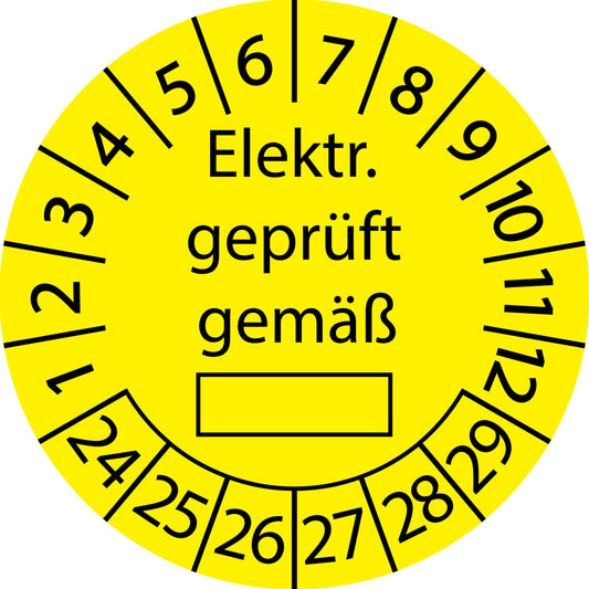 Mehrjahresprüfetiketten, Elektrisch geprüft gemäß ..., Startjahr: 2024 aus Papier oder Plastik