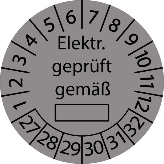 Mehrjahresprüfetiketten, Elektrisch geprüft gemäß ..., Startjahr: 2027 aus Papier oder Plastik