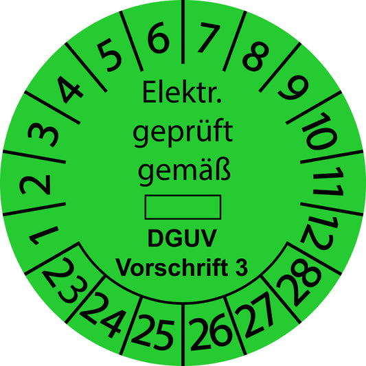 Mehrjahresprüfetiketten, Elektrisch geprüft gemäß ..., DGUV Vorschrift 3, Startjahr: 2023 aus Papier oder Plastik