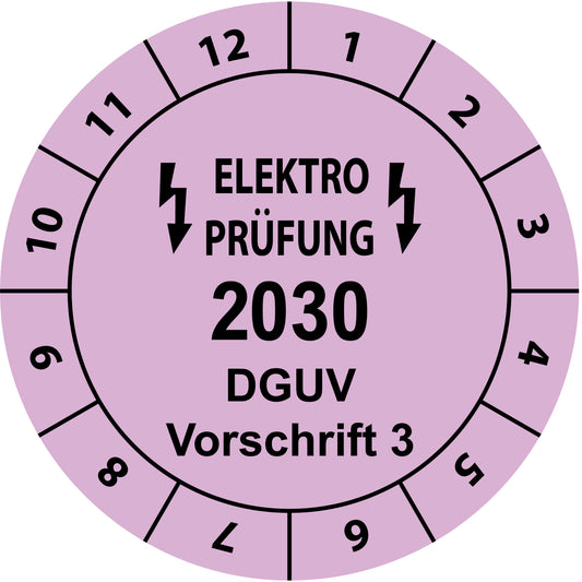 Einjahresprüfetiketten, Elektroprüfung, DGUV Vorschrift 3, Startjahr: 2030 aus Papier oder Plastik