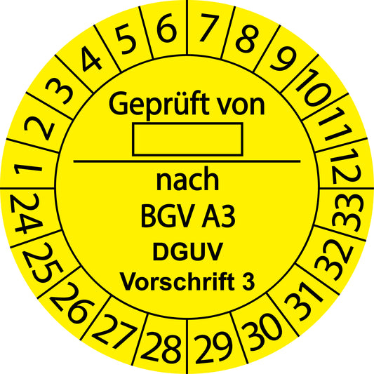 Mehrjahresprüfetiketten, Geprüft von ... nach BGV A3, DGUV Vorschrift 3, Startjahr: 2024 aus Papier oder Plastik