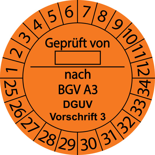 Mehrjahresprüfetiketten, Geprüft von ..., nach BGV A3,  DGUV Vorschrift 3, Startjahr: 2025 aus Papier oder Plastik