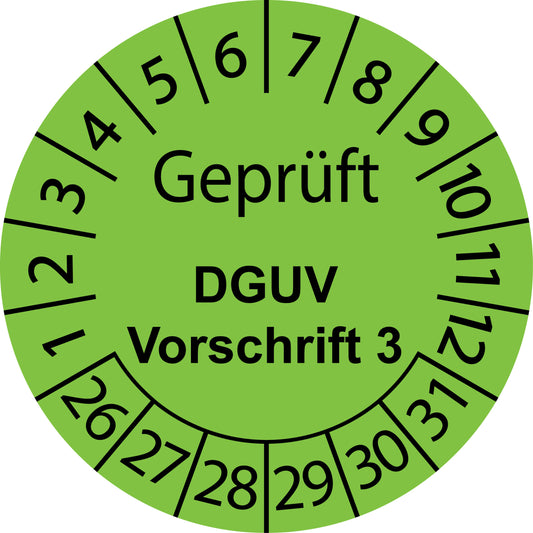 Mehrjahresprüfetiketten, Geprüft, DGUV Vorschrift 3, Startjahr: 2026 aus Papier oder Plastik