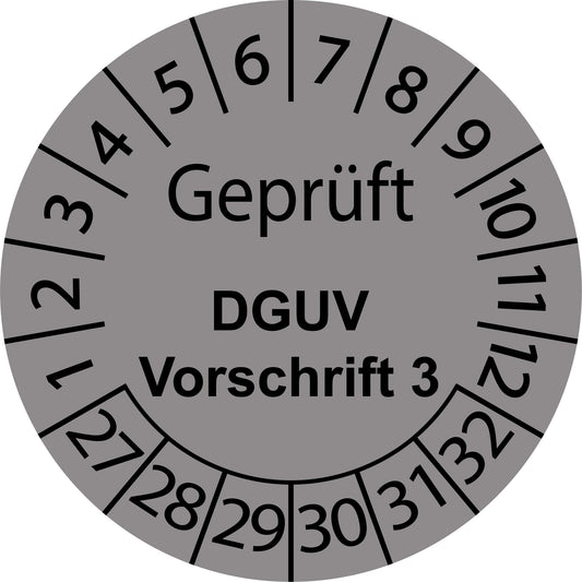 Mehrjahresprüfetiketten, Geprüft, DGUV Vorschrift 3, Startjahr: 2027 aus Papier oder Plastik