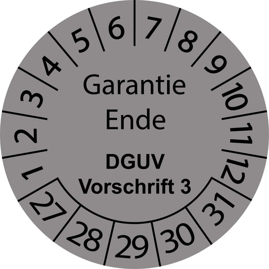 Mehrjahresprüfetiketten, Garantie Ende, DGUV Vorschrift 3, Startjahr: 2027 aus Papier oder Plastik
