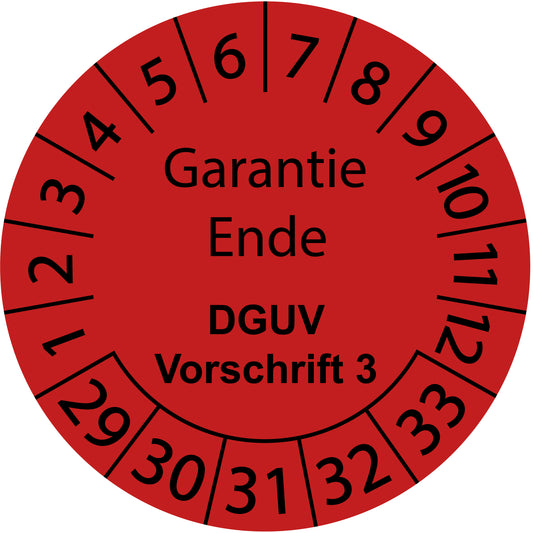 Mehrjahresprüfetiketten, Garantie Ende, DGUV Vorschrift 3, Startjahr: 2029 aus Papier oder Plastik