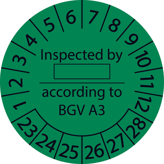 Mehrjahresprüfetiketten, Inspected by according to BGV A3, Startjahr: 2023 aus Papier oder Plastik