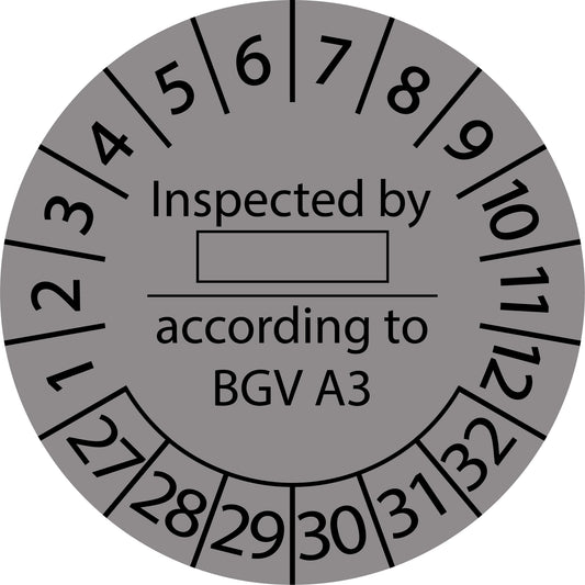 Mehrjahresprüfetiketten, Inspected by ..., according to BGV A3, Startjahr: 2027 aus Papier oder Plastik