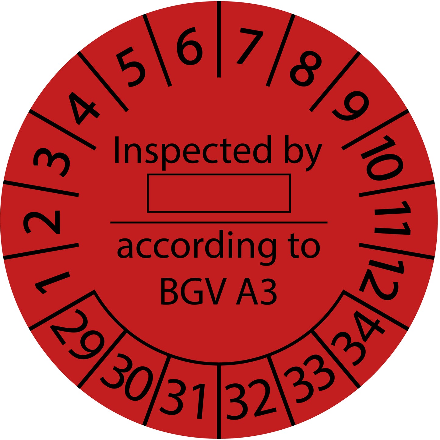Mehrjahresprüfetiketten, Inspected by ..., according to BGV A3, Startjahr: 2029 aus Papier oder Plastik