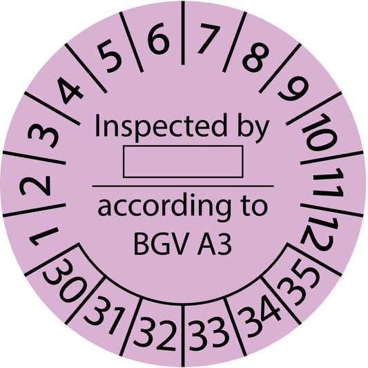 Mehrjahresprüfetiketten, Inspected by ..., according to BGV A3, Startjahr: 2030 aus Papier oder Plastik