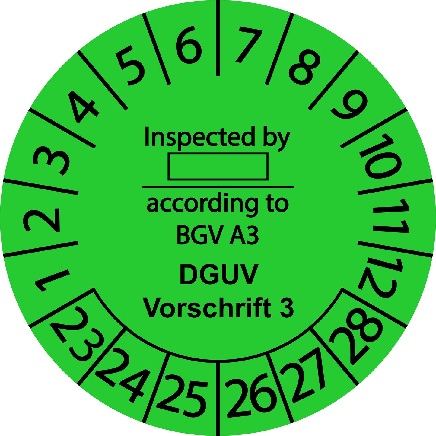 Mehrjahresprüfetiketten, Inspected by ..., according to BGV A3, DGUV Vorschrift 3, Startjahr: 2023 aus Papier oder Plastik