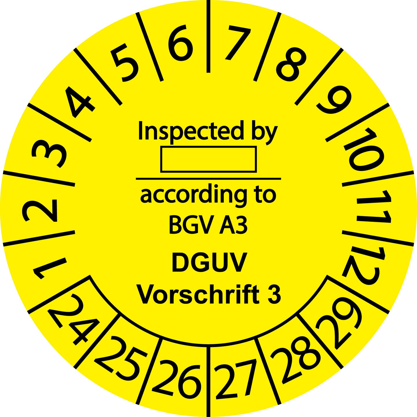 Mehrjahresprüfetiketten, Inspected by ... according to BGV A3, DGUV Vorschrift 3, Startjahr: 2024 aus Papier oder Plastik