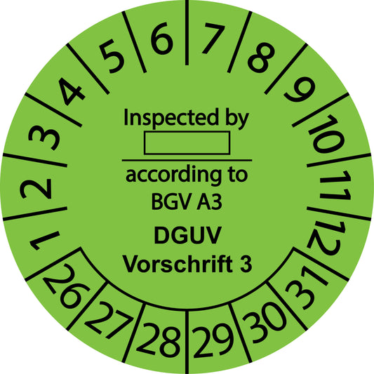 Mehrjahresprüfetiketten, Inspected by ..., according to BGV A3, DGUV Vorschrift 3, Startjahr: 2026 aus Papier oder Plastik