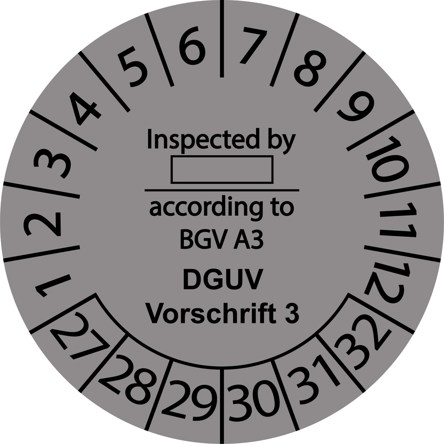 Mehrjahresprüfetiketten, Inspected by ..., according to BGV A3, DGUV Vorschrift 3, Startjahr: 2027 aus Papier oder Plastik