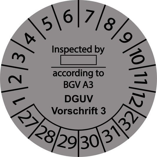 Mehrjahresprüfetiketten, Inspected by ..., according to BGV A3, DGUV Vorschrift 3, Startjahr: 2027 aus Papier oder Plastik