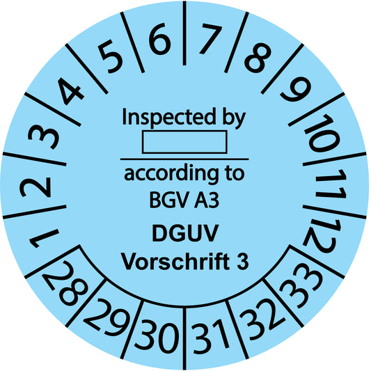 Mehrjahresprüfetiketten, Inspected by ..., according to BGV A3, DGUV Vorschrift 3, Startjahr: 2028 aus Papier oder Plastik