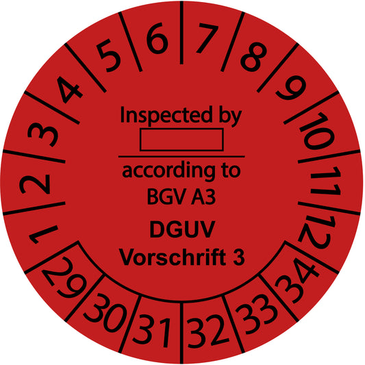 Mehrjahresprüfetiketten, Inspected by ..., according to BGV A3, DGUV Vorschrift 3, Startjahr: 2029 aus Papier oder Plastik