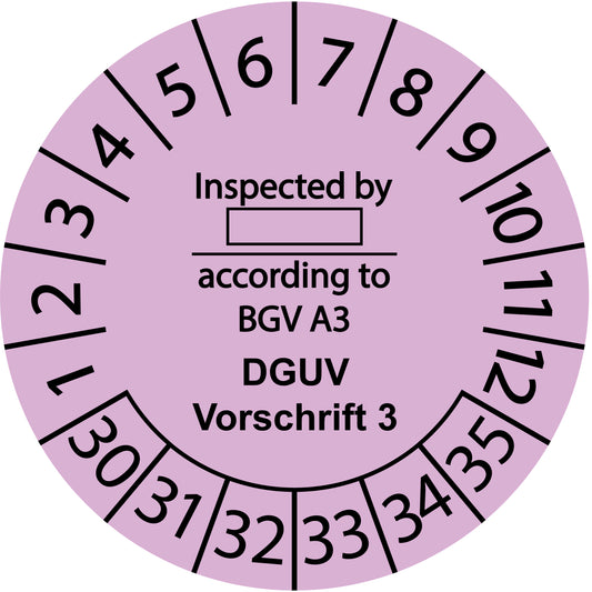 Mehrjahresprüfetiketten, Inspected by ..., according to BGV A3, DGUV Vorschrift 3, Startjahr: 2030 aus Papier oder Plastik