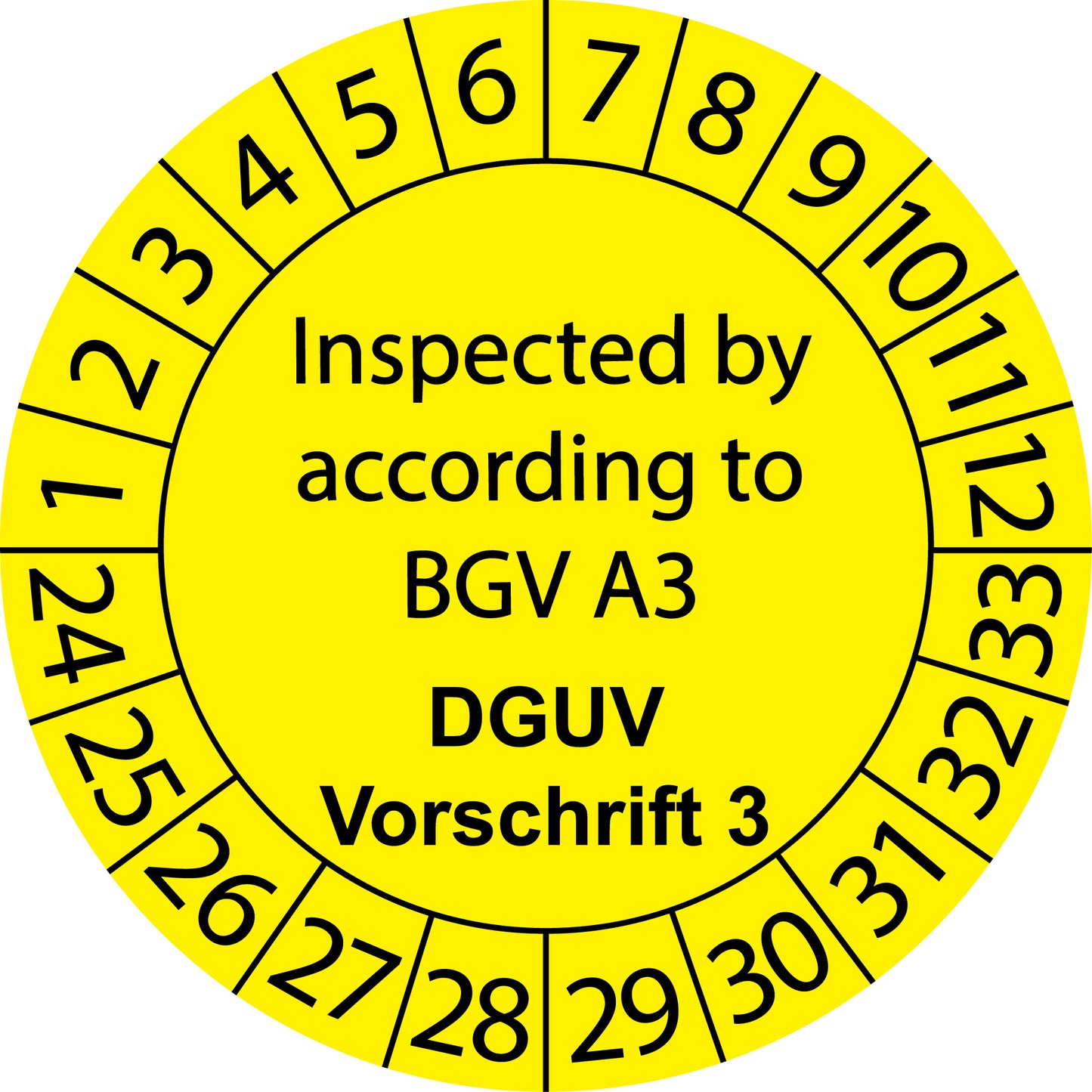 Mehrjahresprüfetiketten, Inspected by according to BGV A3, DGUV Vorschrift 3, Startjahr: 2024 aus Papier oder Plastik